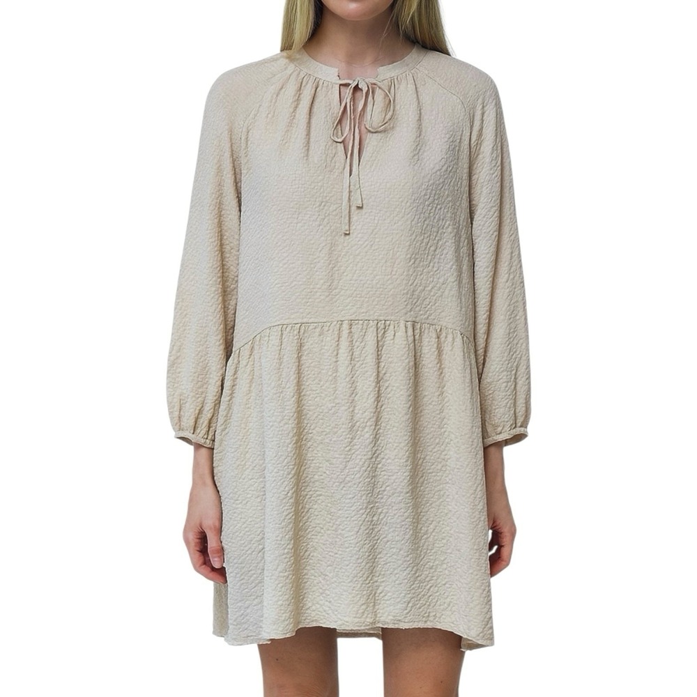 H&M Beige Shift Dress sz M 3/4 Sleeve Lined Short Flowy Boho Cottagecore NWT